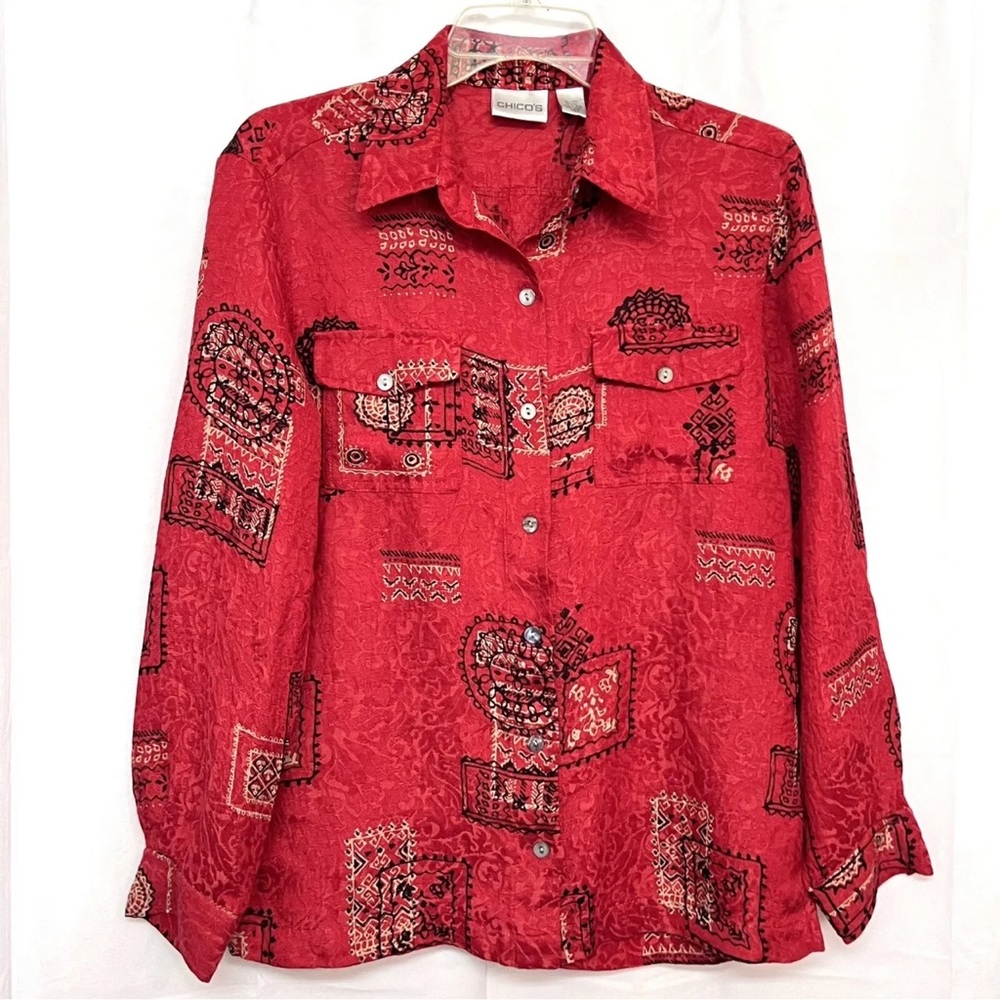 Chico’s Silk /linen Blend oriental look Button Down Shirt Red size 0 (small)